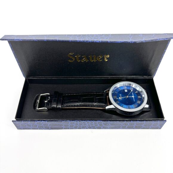 Stauer Urban Blue Dial Watch Analog Quartz Stainless Steel Black Leather Strap - Picture 6 of 9